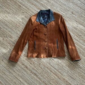 Brown Suede Jacket with Black Leather Collar